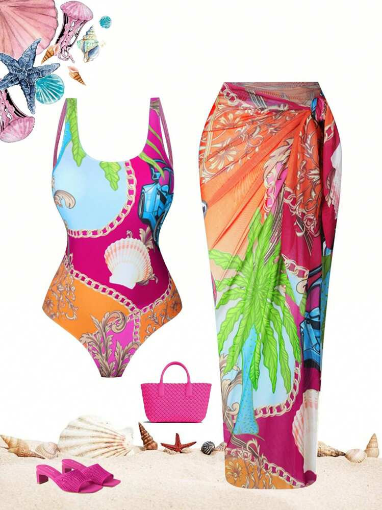 Swim Oasis Plus Size Women Oasis High-End Tropical Printed Fitted One-Piece Swimwear With Matching Sheer Sarong, Summer Beach | SHEIN