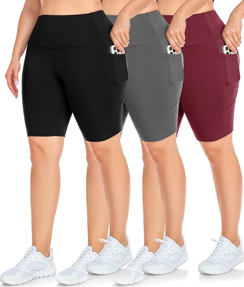 NEW YOUNG 3 Pack Plus Size Biker Shorts with Pockets for Women-High Waisted 8" Yoga Pants Workout... | Amazon (US)