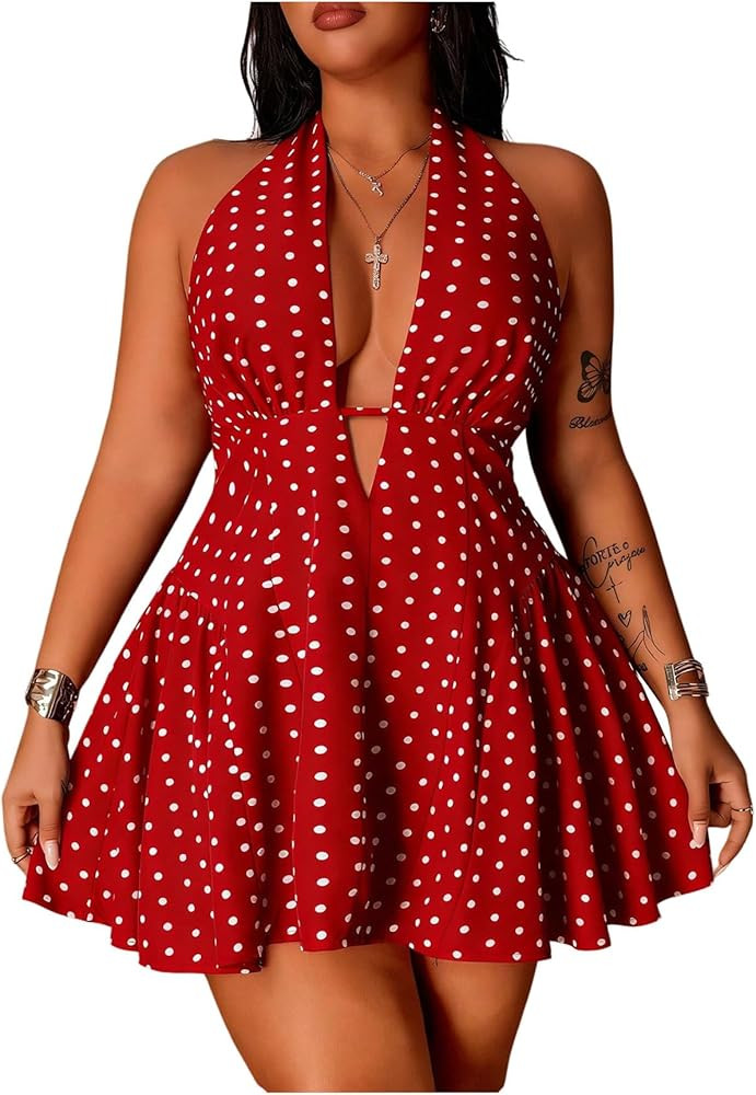 Floerns Women's Plus Size Cute Polka Dots Halter Mini Dress Ruffle A Line Going Out Dresses | Amazon (US)