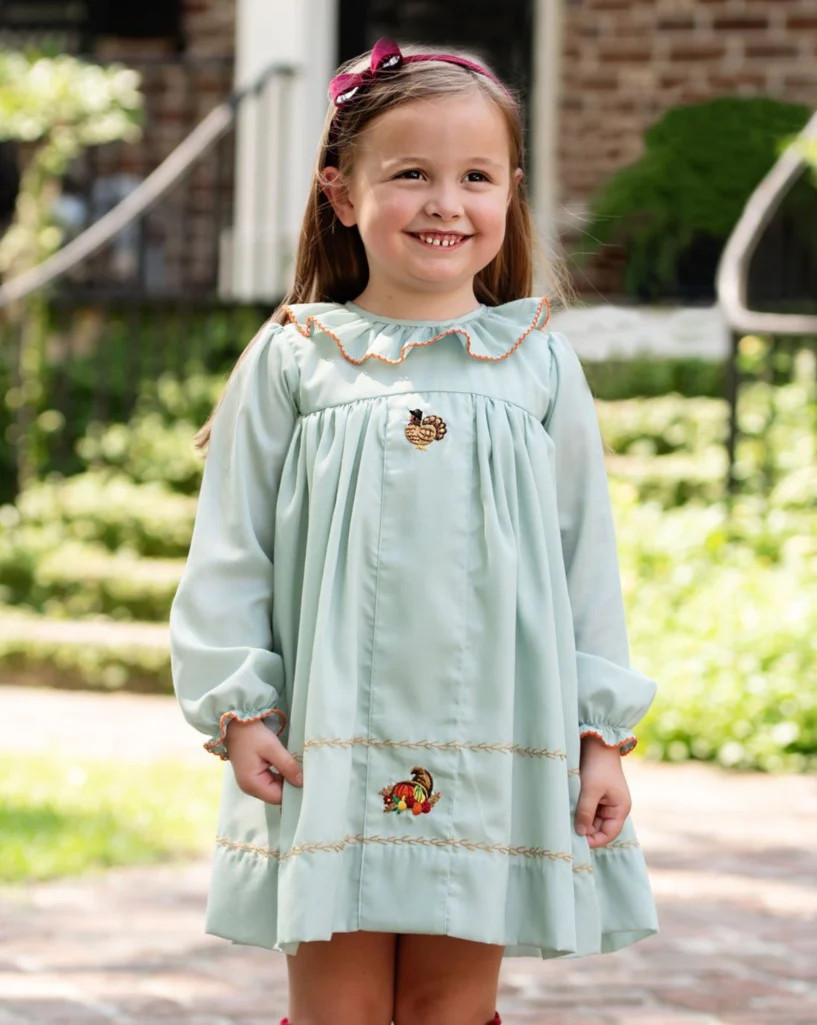 Turkey Embroidered Sage Green Dress | Smockingbird Kids