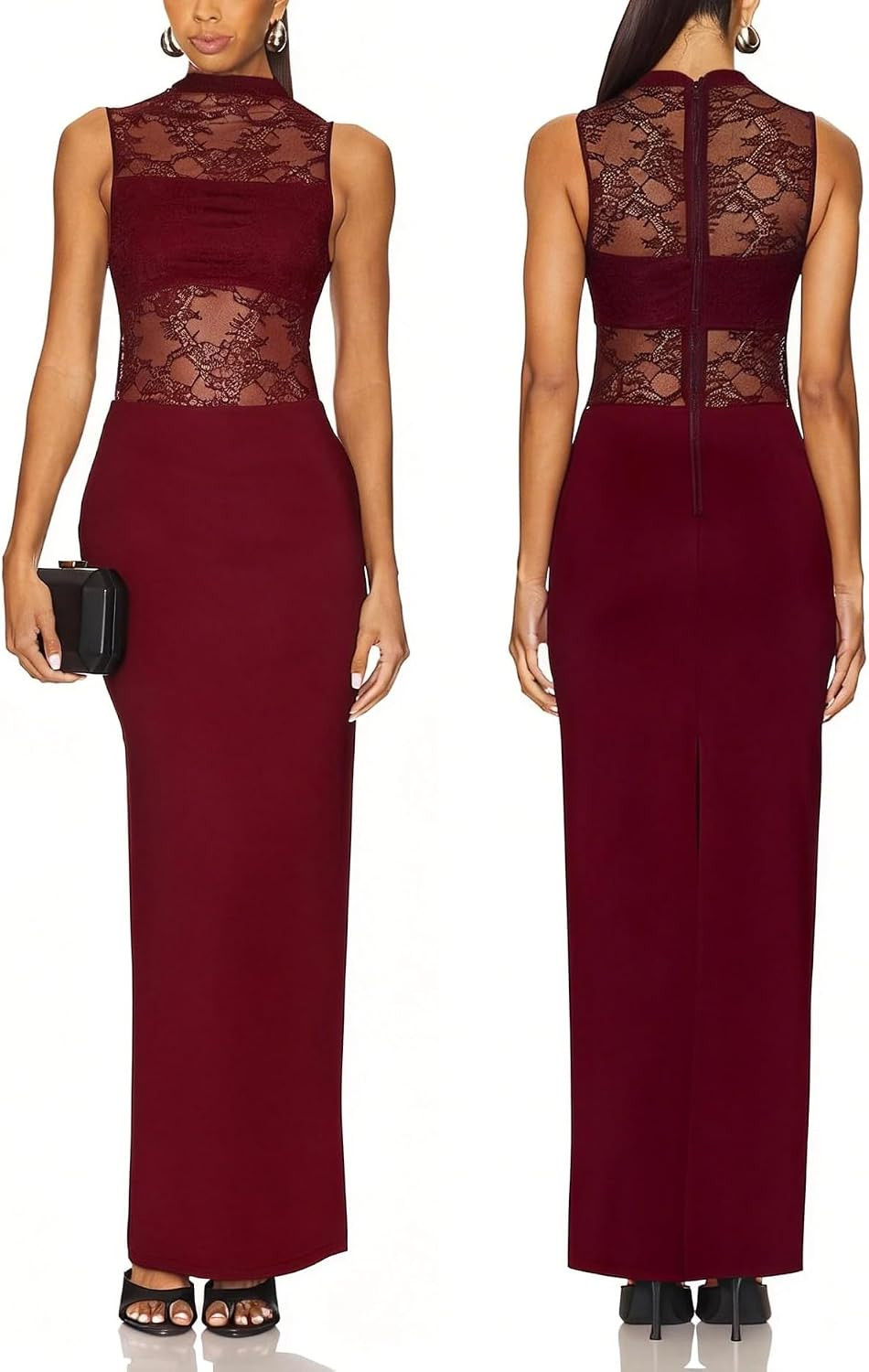 Women Sleeveless Lace Mesh Maxi Dress Mock Neck Bodycon Dress Back Slit | Amazon (US)