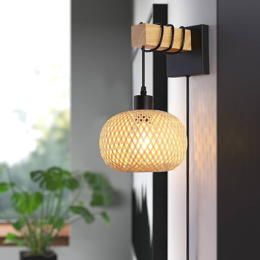 Plug in Wall Sconce with Bamboo Lampshade, Black Wall Lamp Fixtures with Cord On/Off Switch E26 B... | Amazon (CA)