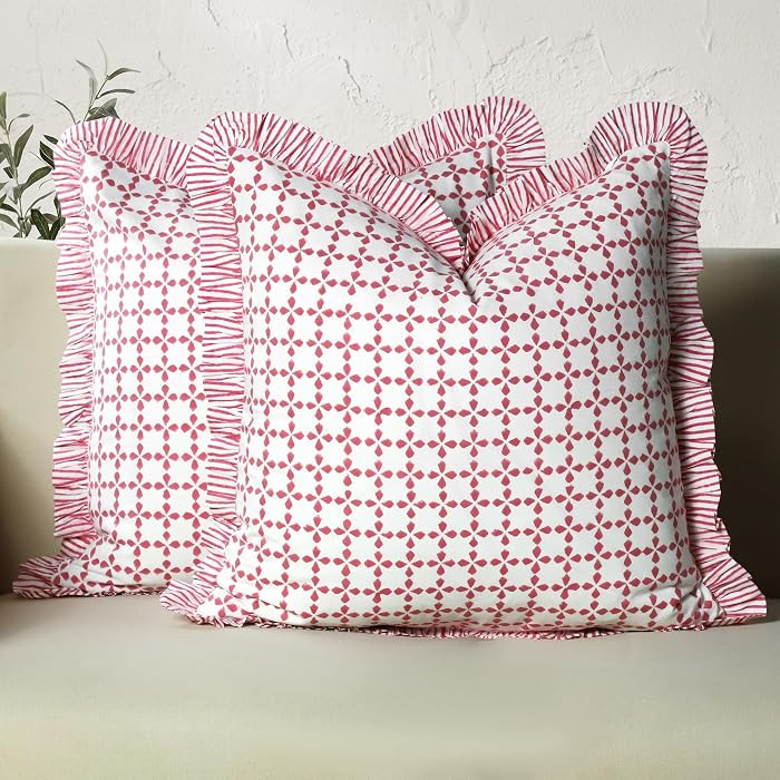 CPC Magenta Pink Hand Block Print 100% Cotton Ruffle Throw Pillow Cover 24x24 inch with Hidden Zi... | Amazon (US)