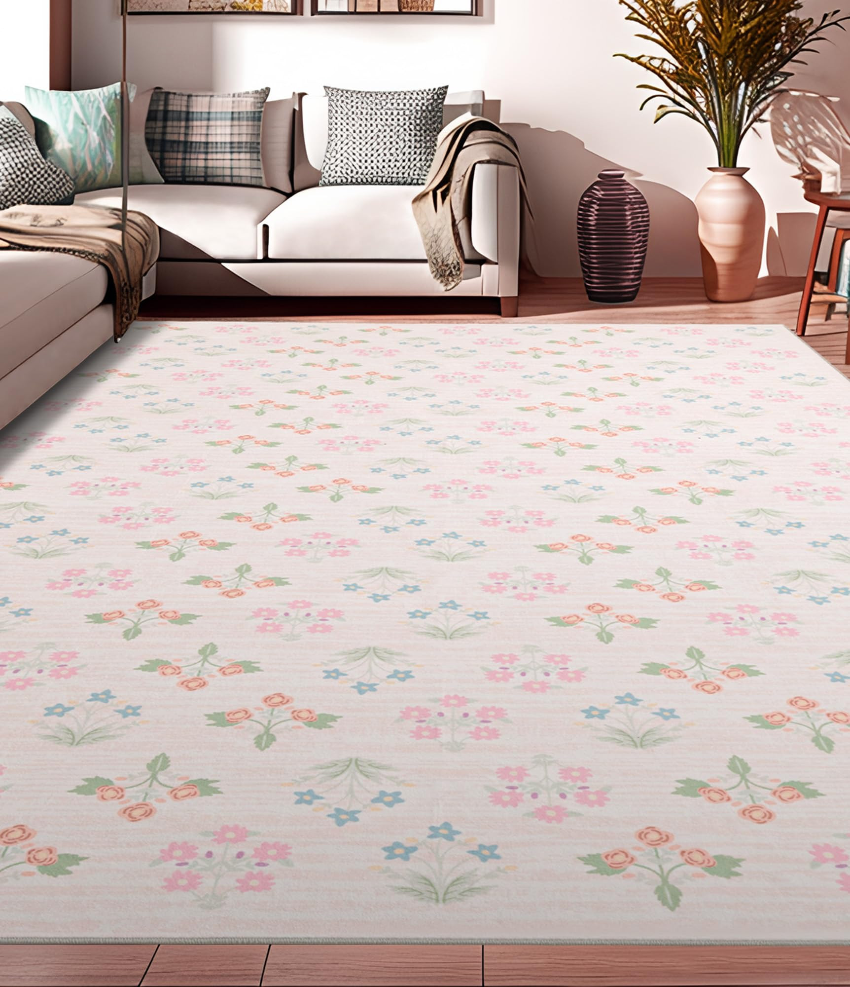 YIHOUSE Pink Floral Washable Area Rug 8'x10'- Large Colorful Living Room Rug Ultra-Thin Non-Slip ... | Amazon (US)
