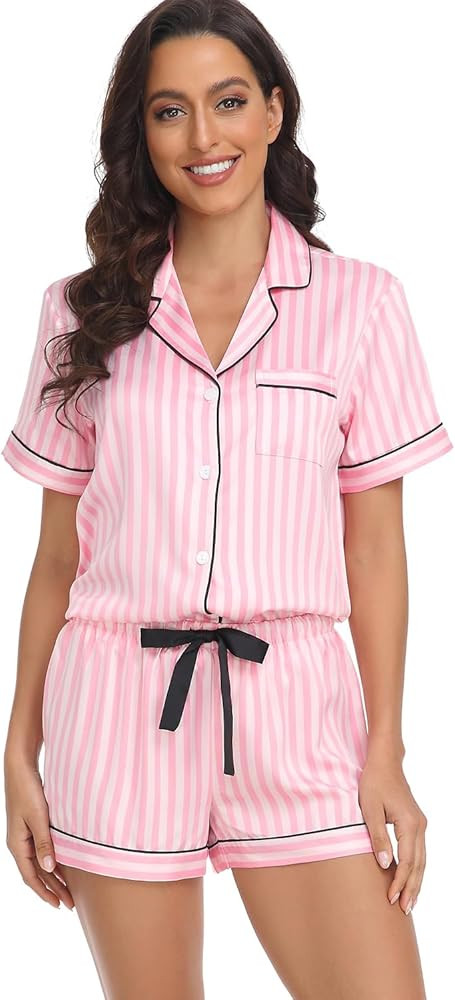Women's Satin Pajama Set 2-Piece Sleepwear Loungewear Button Down Short Sleeve Silky PJ Set | Amazon (US)