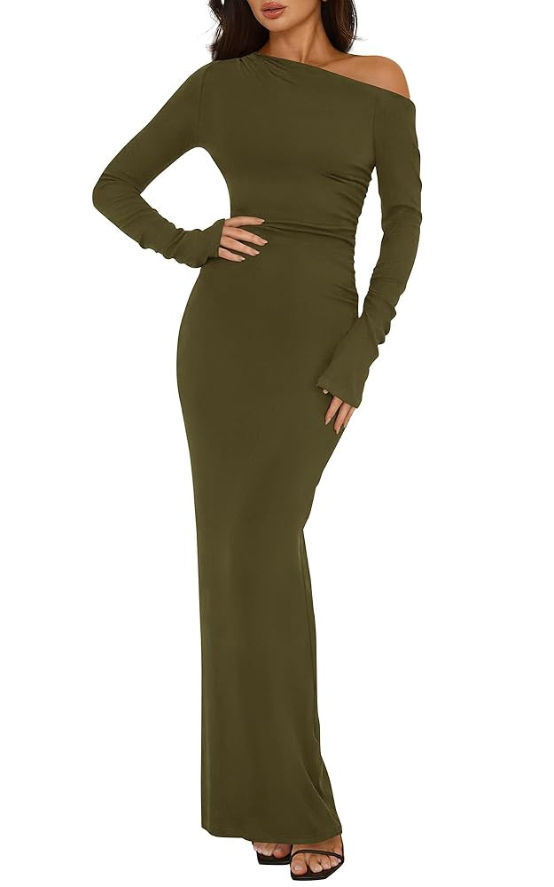 BTFBM One Shoulder Long Sleeve Dresses for Women Fall 2025 Bodycon Ruched Night Out Cocktail Wedd... | Amazon (US)
