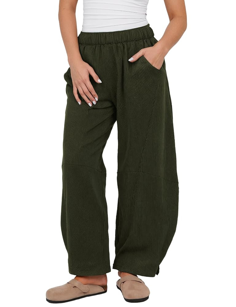 Athlisan Womens Corduroy Pants Wide Leg Cropped Barrel Baggy Elastic Waist Trousers with Pockets | Amazon (US)
