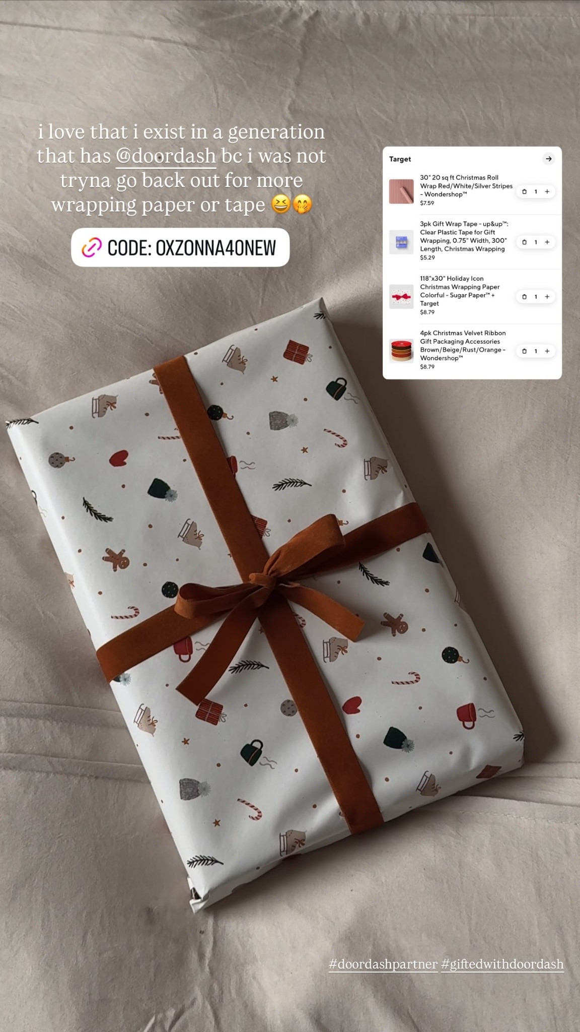 i love that i exist in a generation that has @doordash bc i was not tryna go back out for more wrapping paper or tape 😆🤭 #doordashpartner #giftedwithdoordash @target #wrappingpaper #giftwrap #bow 

#LTKHoliday #LTKSaleAlert #LTKGiftGuide