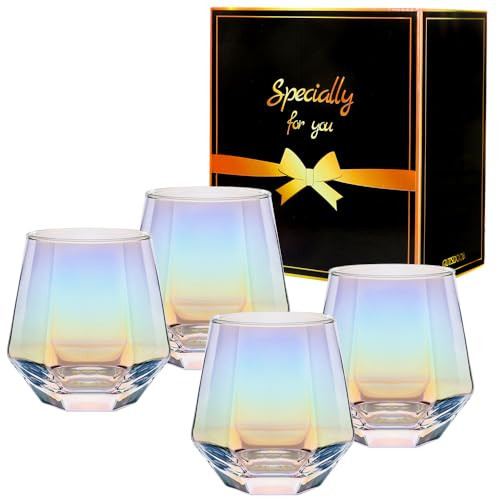 Gutsdoor Stemless Wine Glasses Set of 4, 10 OZ Diamond Shaped Wine Glasses, Iridescent Glassware Engagement Wedding Gifts | Amazon (US)