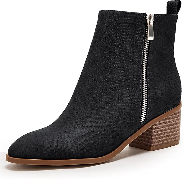 FISACE Womens Pointed Toe Mid Heel Ankle Boots Side Zipper Chunky Stacked Block Heeled Western Bo... | Amazon (US)