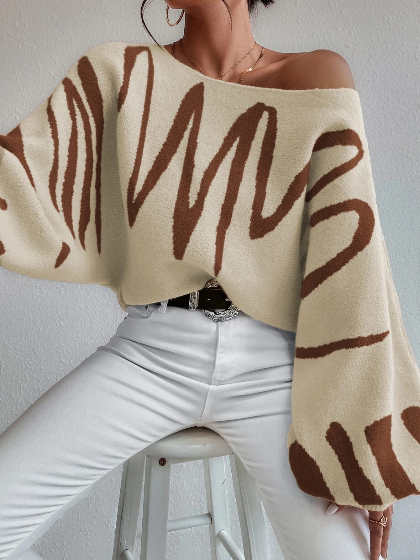 SHEIN Privé Graphic Pattern Lantern Sleeve Sweater | SHEIN