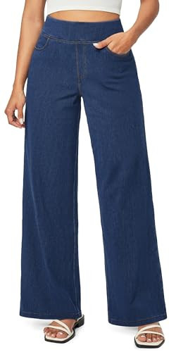 IUGA Wide Leg Jeans Woman High Waisted Pull On Baggy Jeans for Women Stretchy Trendy Womens Jean Straight Casual Denim Pants Dark Blue | Amazon (US)