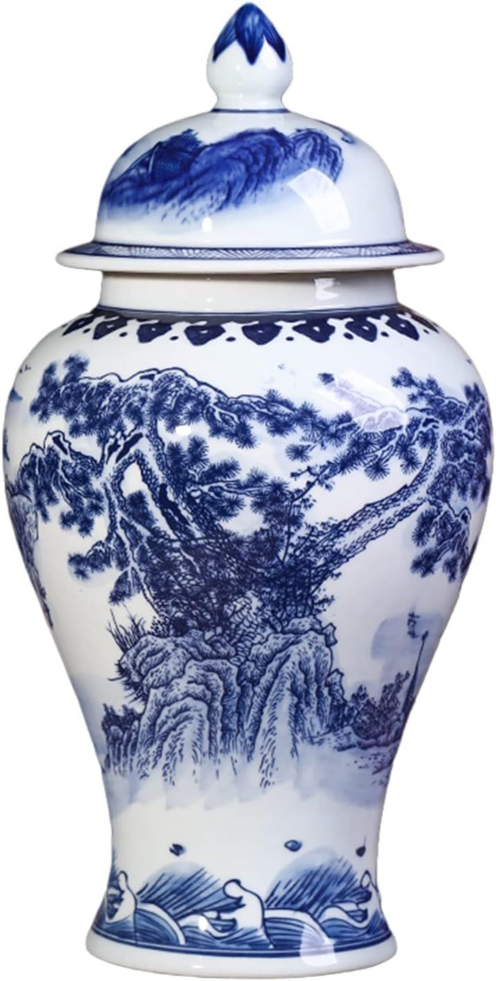 JDZJYBQX Chinese Ginger Jar Hand Paint Landscape Blue And White Porcelain Ceramic Temple Jar For ... | Amazon (US)