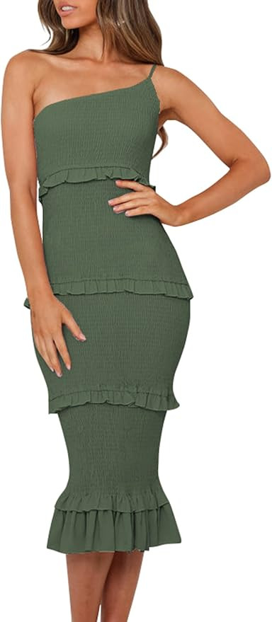 PRETTYGARDEN Women's Summer Midi Bodycon Dresses One Shoulder Strappy Tiered Ruffle Floral Boho S... | Amazon (US)