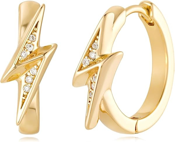 Women Earrings Gold Huggie Hoop 14K Gold Plated Small Simple Hypoallergenic Everyday Jewelry - Lightning and Star | Amazon (US)
