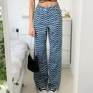 Wavy Print Straight Leg Jeans | YesStyle Global