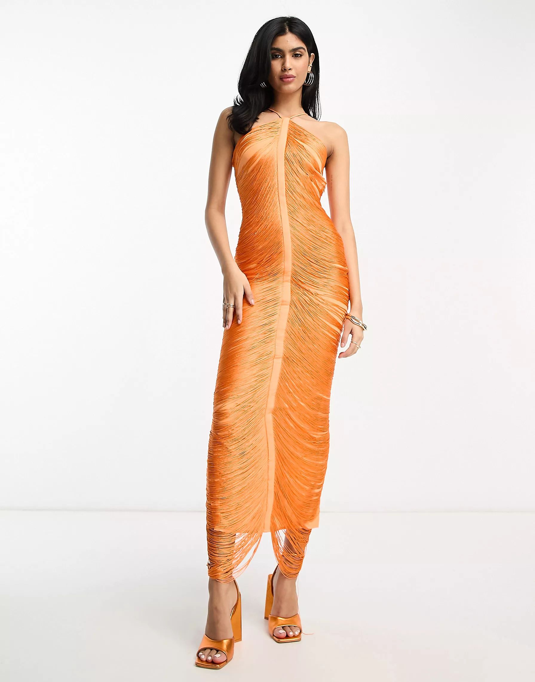 ASOS DESIGN fringe drape halter maxi dress in hot orange  | ASOS | ASOS (Global)