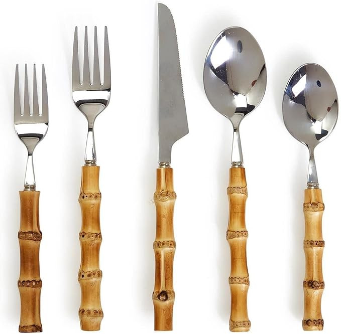 Two's Company Natural Bamboo 20 Pc Flatware Service Set for 4 in Storage Pouch | Amazon (US)