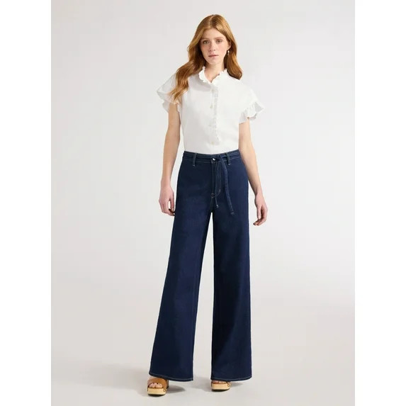 Free Assembly Women's and Women's Plus Ruffle Trim Neck Top with Short Sleeves, Sizes XS-4X | Walmart (US)