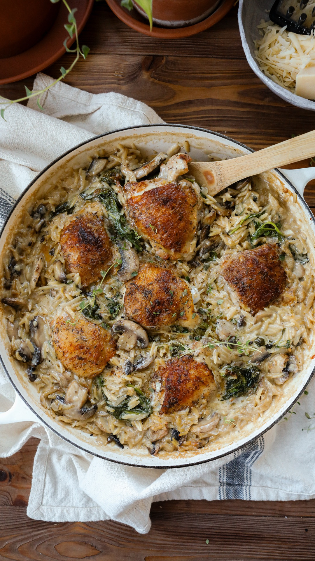 Parmesan Mushroom Orzo Pasta with chicken. A one pan dinner idea for entertaining this season. 

#LTKHome #LTKSeasonal #LTKHoliday