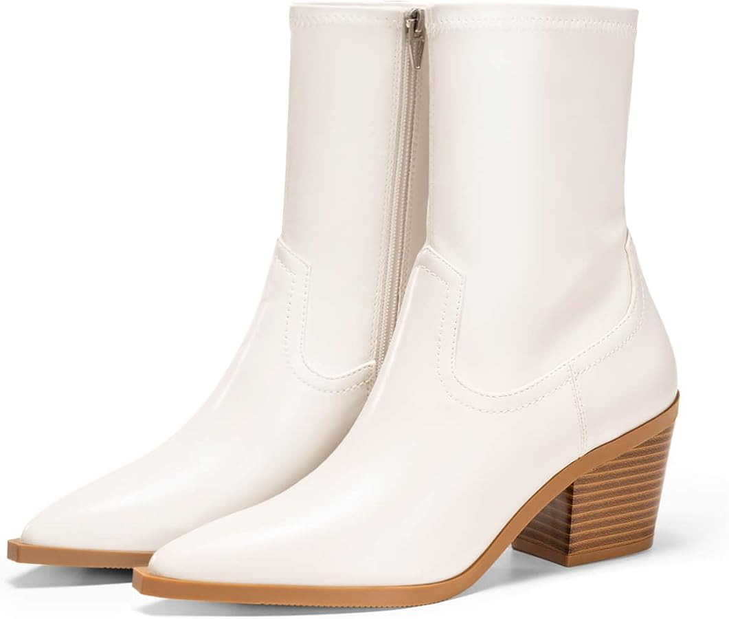 Coutgo Womens Pointed Toe Ankle Boots Chunky Stacked Heel Side Zipper Leather Fall Booties Shoes | Amazon (US)