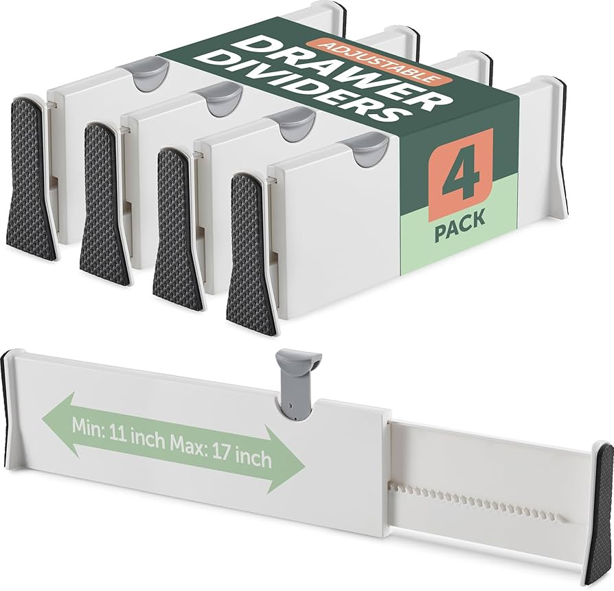 Drawer Divider Set of 4, Adjustable Length 11" - 17" Drawer Organizers, Locks in Place, Easy-Asse... | Amazon (US)