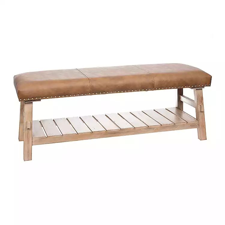 Antique Brown Faux Leather Wooden Bench | Kirkland's Home