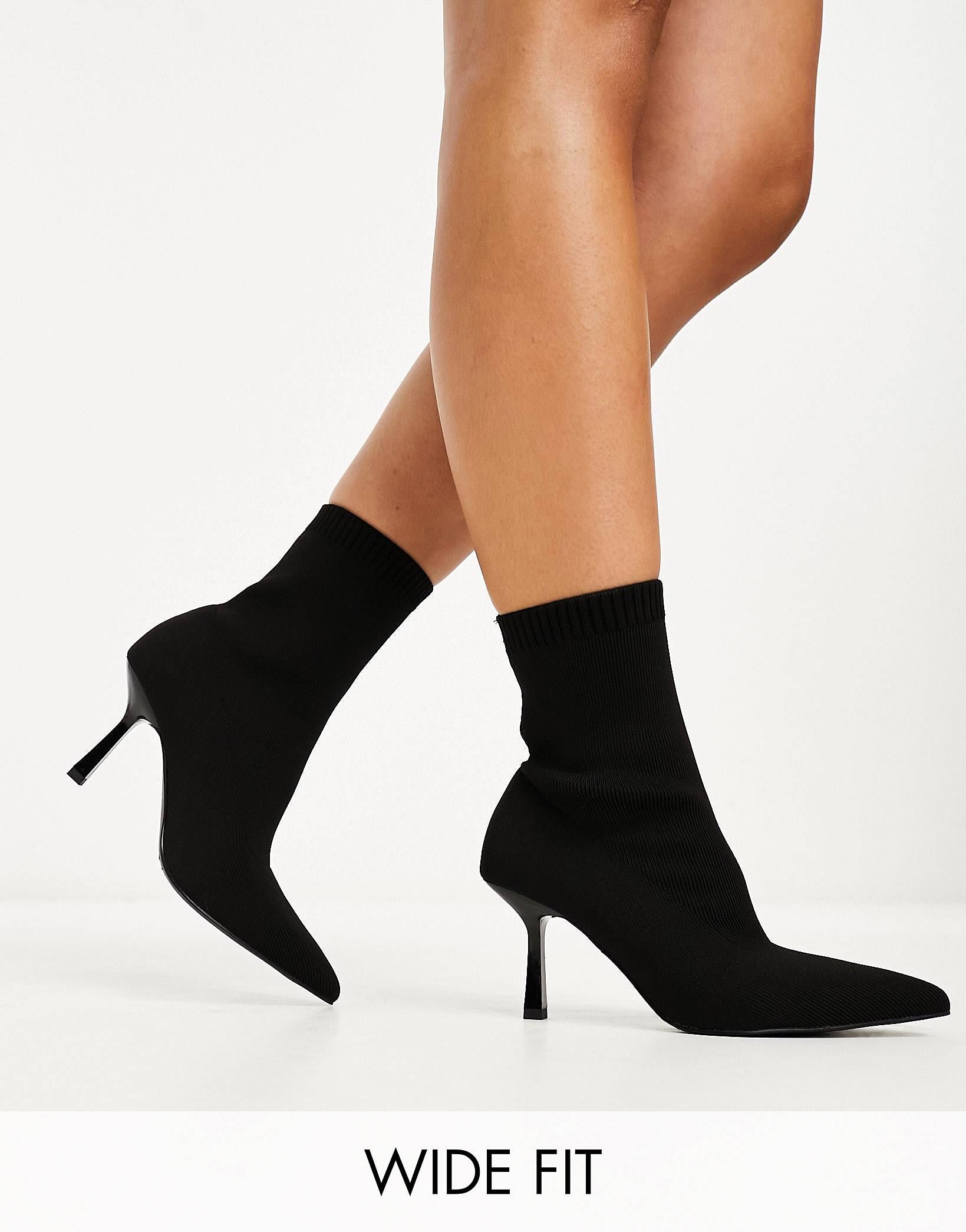 ASOS DESIGN Wide Fit Rosetta kitten heel sock boots in black | ASOS (Global)