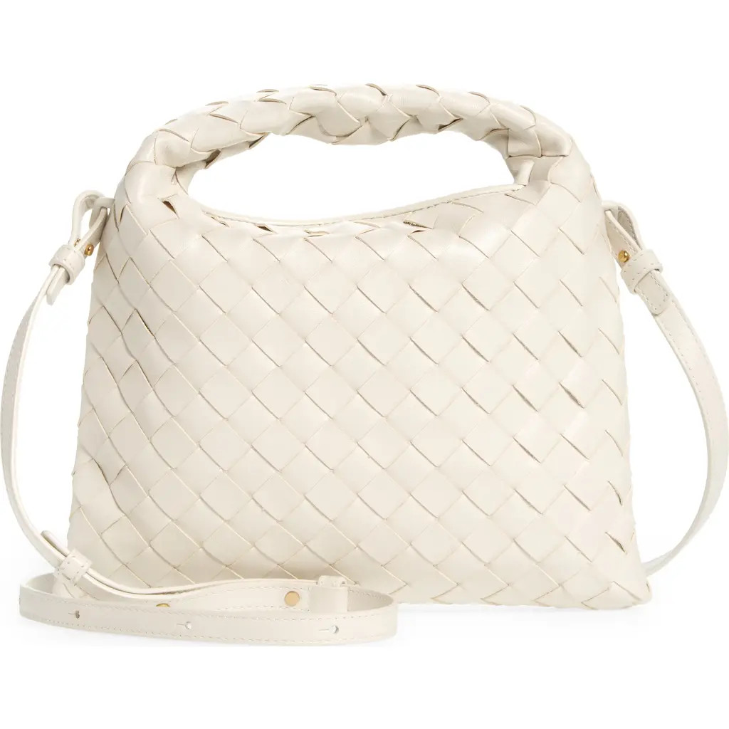 Bottega Veneta Mini Hop Intrecciato Leather Hobo Bag in White/Brass/White at Nordstrom | Nordstrom