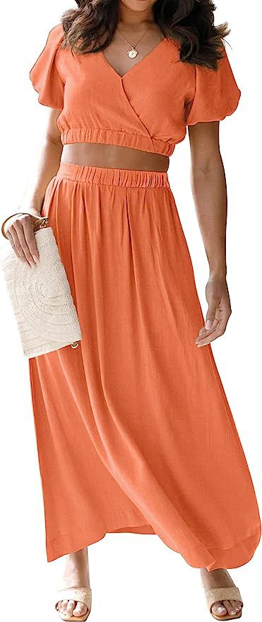 MEROKEETY Women's 2023 Summer Two Piece Outfits V Neck Puff Sleeve Crop Top and Flowy Maxi Skirt ... | Amazon (US)