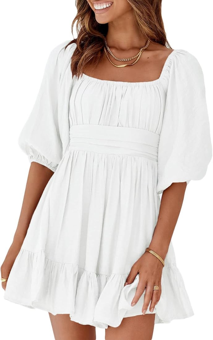 Dokotoo Womens Summer Dresses Square Neck Lantern Sleeve Tie Backless Ruffle A-Line Casual Dress | Amazon (US)