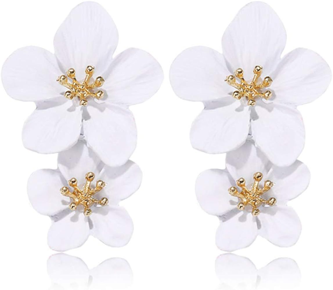 D.Rosse Large Metal Double Flower Matt Earring Chic Statement Dangle Drop Wedding Earrings For Women | Amazon (US)
