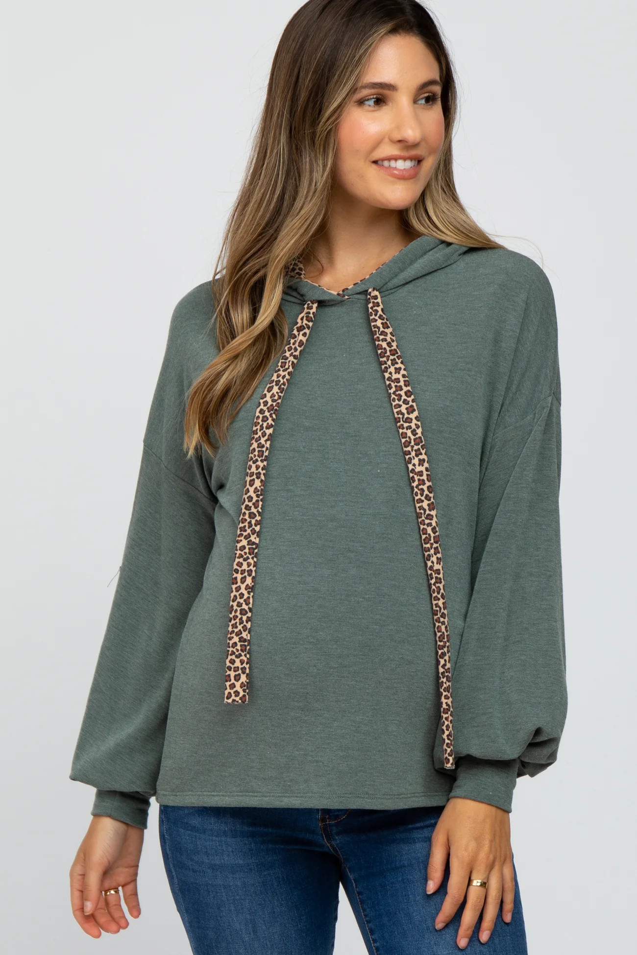 Olive Animal Print Drawstring Maternity Hooded Top | PinkBlush Maternity