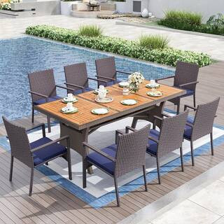 Brown 9-Piece Metal Slat Rectangle Table Patio Outdoor Dining Set with Wood TableTop and Blue Cushion | The Home Depot