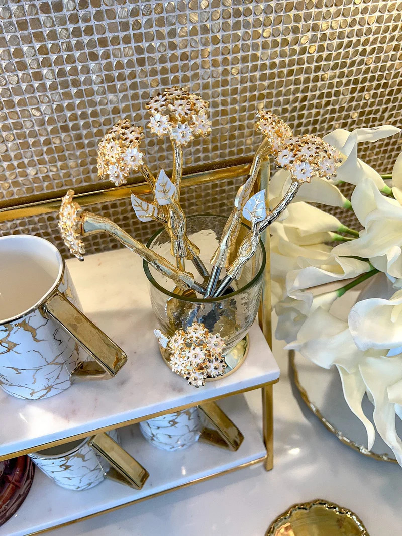 Glass Spoon Holder/Cup with Gold Floral Details from the Hydrangea Collection | Inspire Me! Home Decor