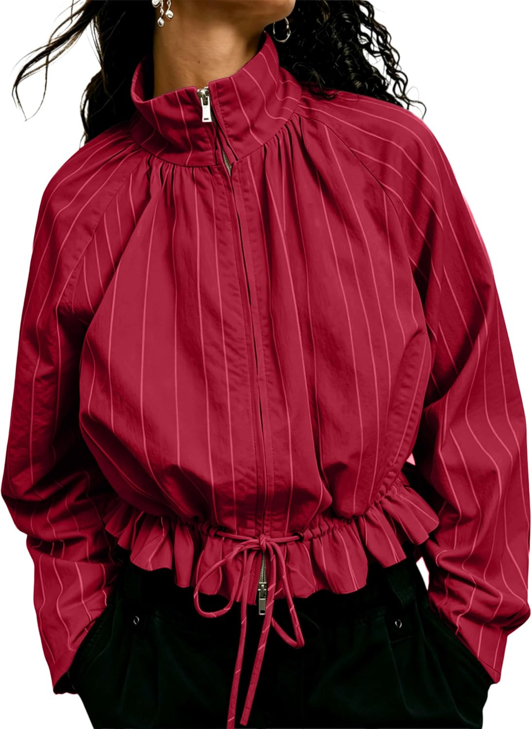 Women Striped Bomber Jacket Casual Funnel Neck Coat | Amazon (US)