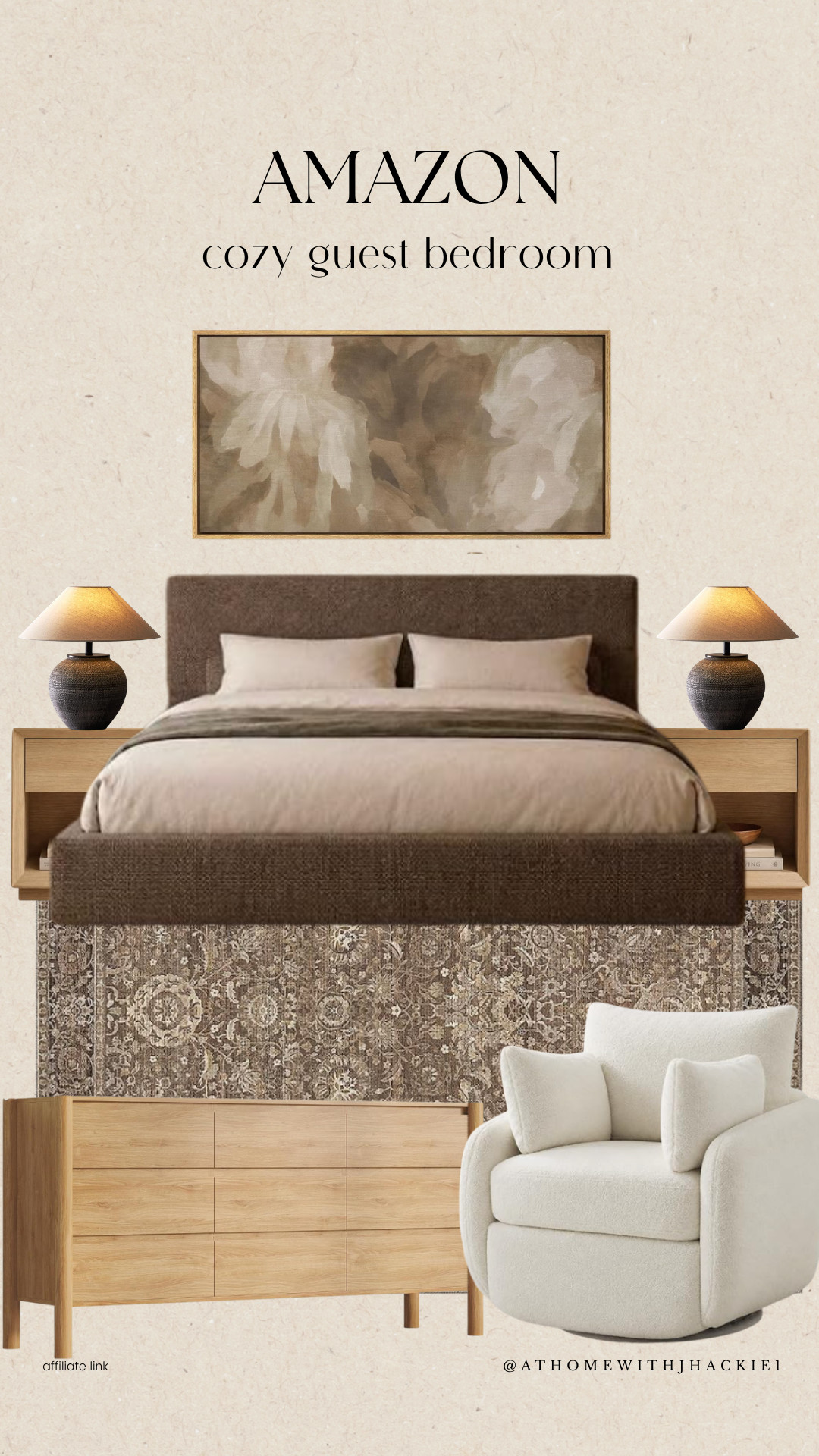 Amazon bedroom finds, Amazon bedroom furniture, Amazon home finds, cozy guest bedroom, guest bedroom ideas, guest room decor, neutral bedroom decor, cozy bedroom decor, warm neutral bedroom, modern organic bedroom, organic modern bedroom, transitional bedroom, guest bedroom makeover, bedroom inspiration, upholstered bed, neutral bed frame, wood nightstand, wood dresser, neutral area rug, bedroom rug, bedside lamp, bedroom table lamp, neutral wall art, abstract wall art, swivel accent chair, boucle chair, cozy accent chair, bedroom furniture finds, affordable bedroom decor, designer bedroom look, Amazon furniture finds, cozy home aesthetic

#LTKHome
