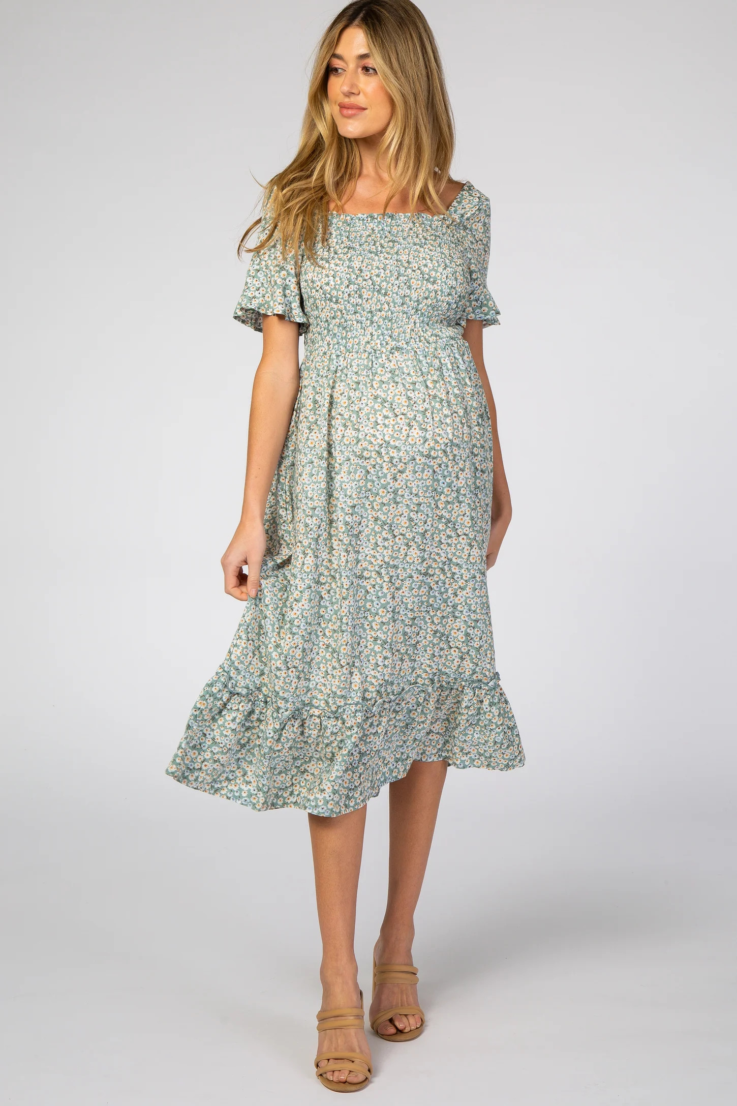 Light Blue Floral Ruffle Maternity Midi Dress | PinkBlush Maternity