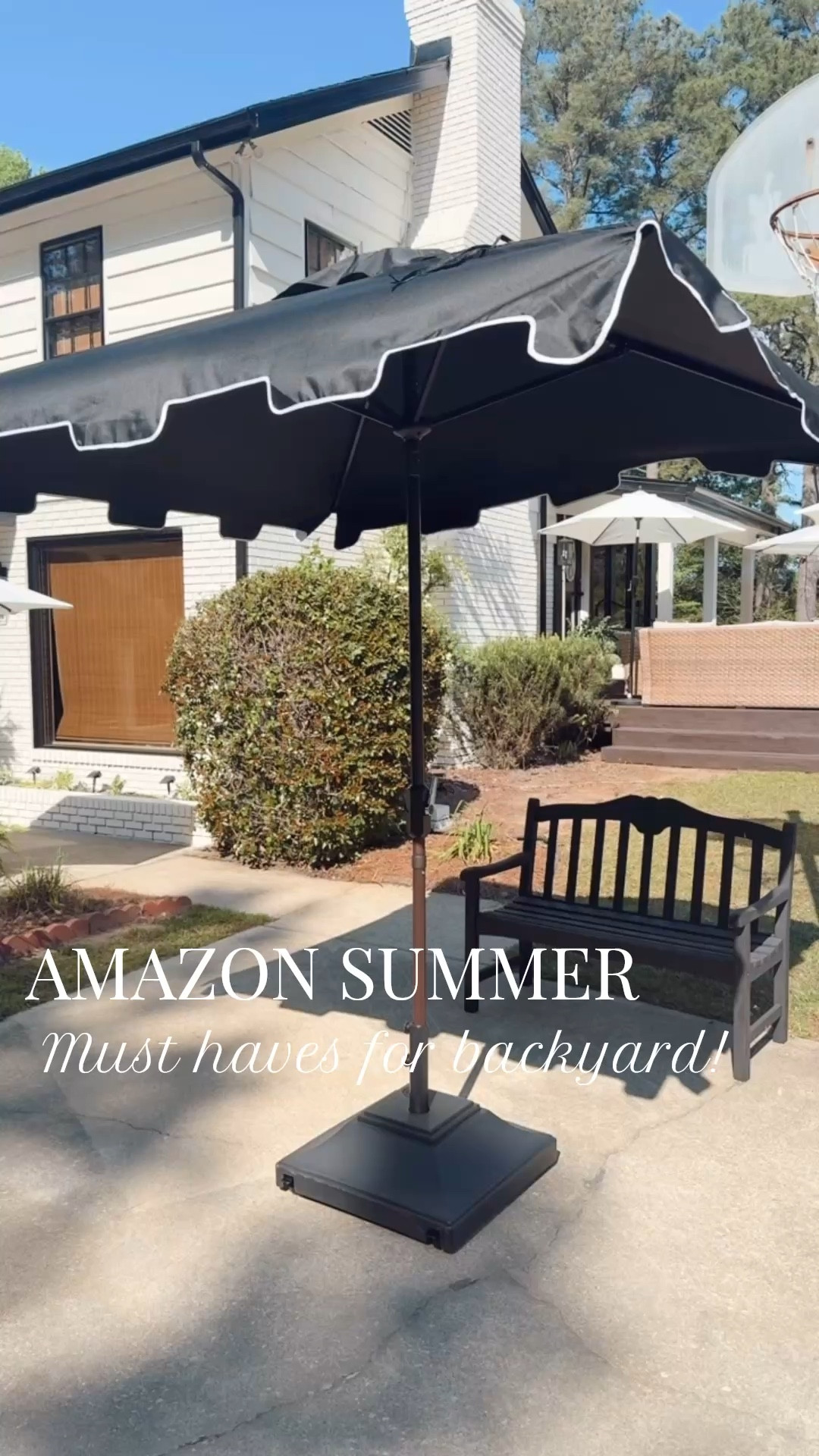 Backyard Patio shade but in style! Loving this Greek key scalloped edge 7.5ft market umbrella for our back patio area!  The base has WHEELS! Stress free for moving it around! These are two MUST HAVES FOR SUMMER! Beautiful and affordable! 
#patio #amazon #umbrella #backyardmusthaves #summervibes #modernfarmhouse

#LTKSaleAlert #LTKSeasonal #LTKHome