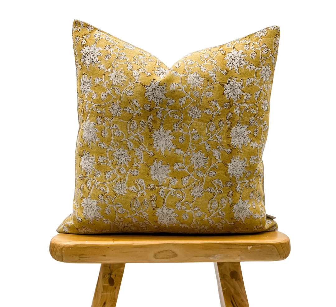 Designer Floral Mustard Saffron on Natural Linen Pillow Cover, Mustard Yellow Pillow cover, Boho ... | Etsy (US)