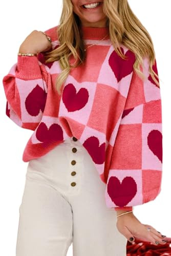 Pinclodly Valentines Sweater Women Love Sweatshirts Heart Graphic Knit Plus Size Sweaters Valentine Day Oversized Tops Pink | Amazon (US)