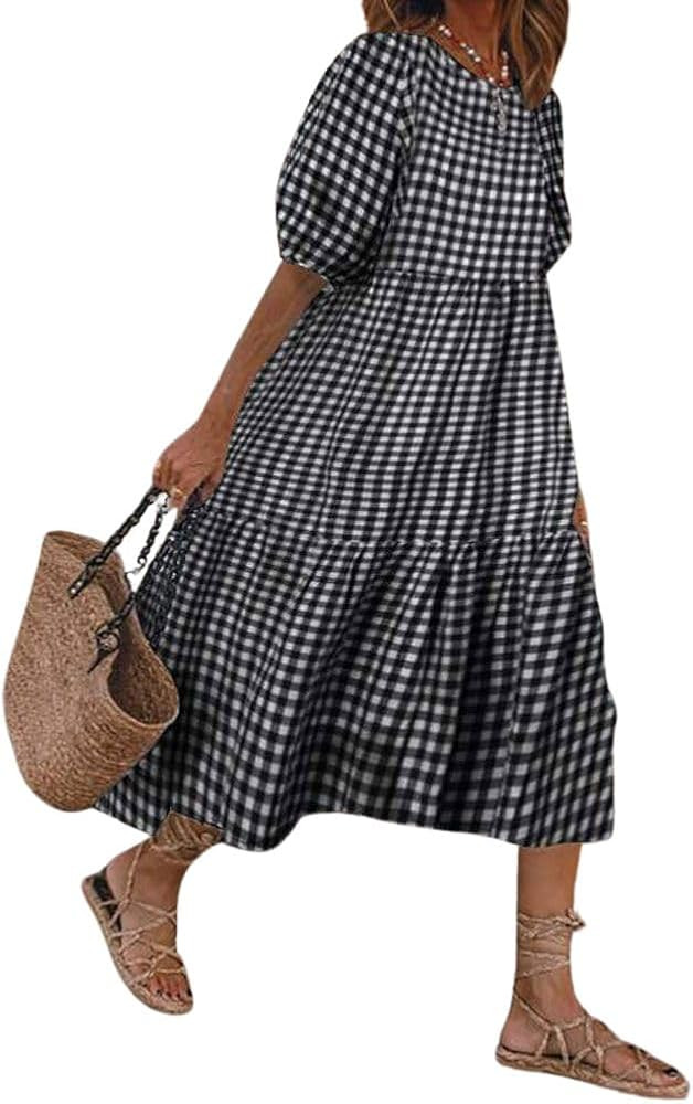 chouyatou Women's Retro Lantern Puff Sleeve Plaid Dress Gingham Swing Tiered Midi Long Dress | Amazon (US)