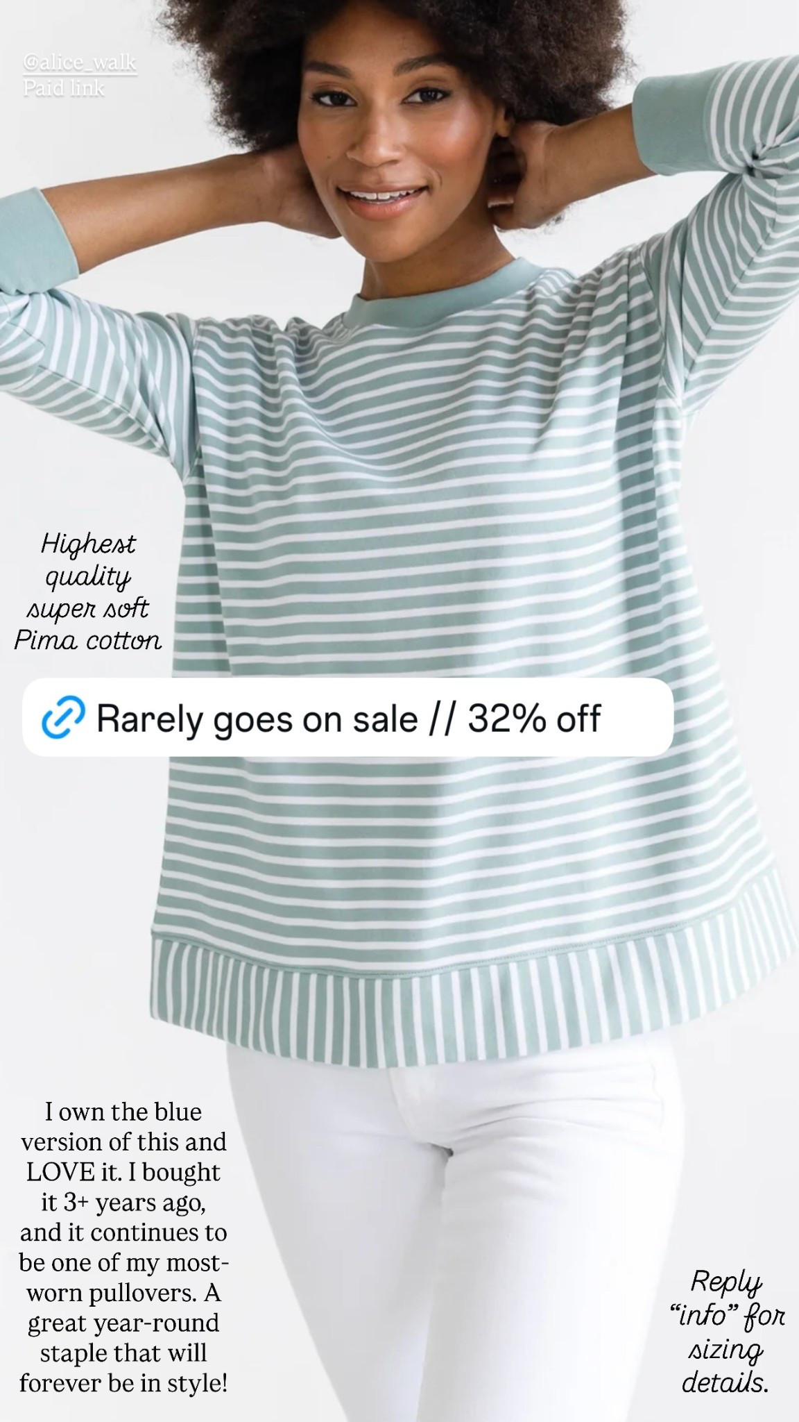 32% odd This high quality super soft Pima cotton crewneck sweatshirt—rarely goes on sale🎉

I own the blue version of this and LOVE it. I bought it 3+ years ago, and it continues to be one of my most-worn pullovers. A great year-round staple that will forever be in style!

Sizing: in my opinion, this fits TTS, but if you’re between sizes you can probably size down. I wear an XS and it is plenty roomy. 

Alice walk, sale, classic style, mom style, mom outfit, stripe, fall fashion, pullover, casual style, weekend outfit 

#LTKSaleAlert #LTKFindsUnder100 #LTKStyleTip