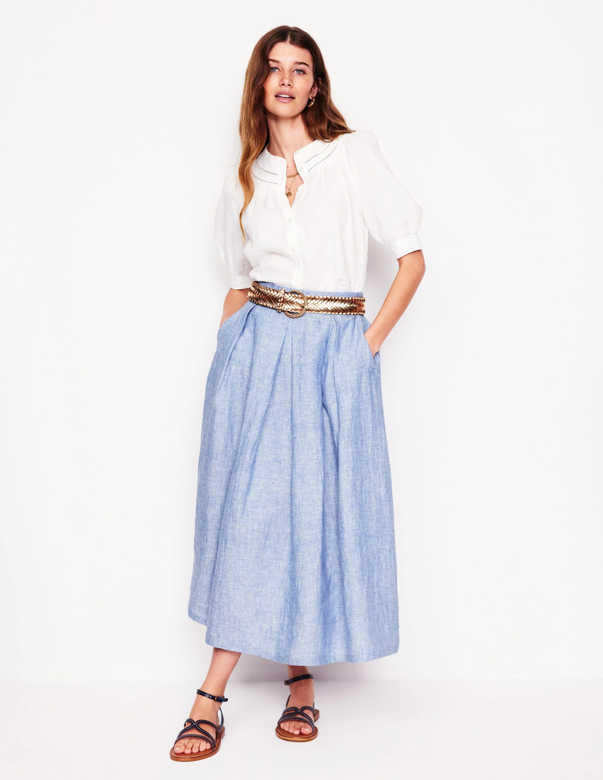 Verity Linen Midi Skirt-Grey Blue Chambray | Boden UK