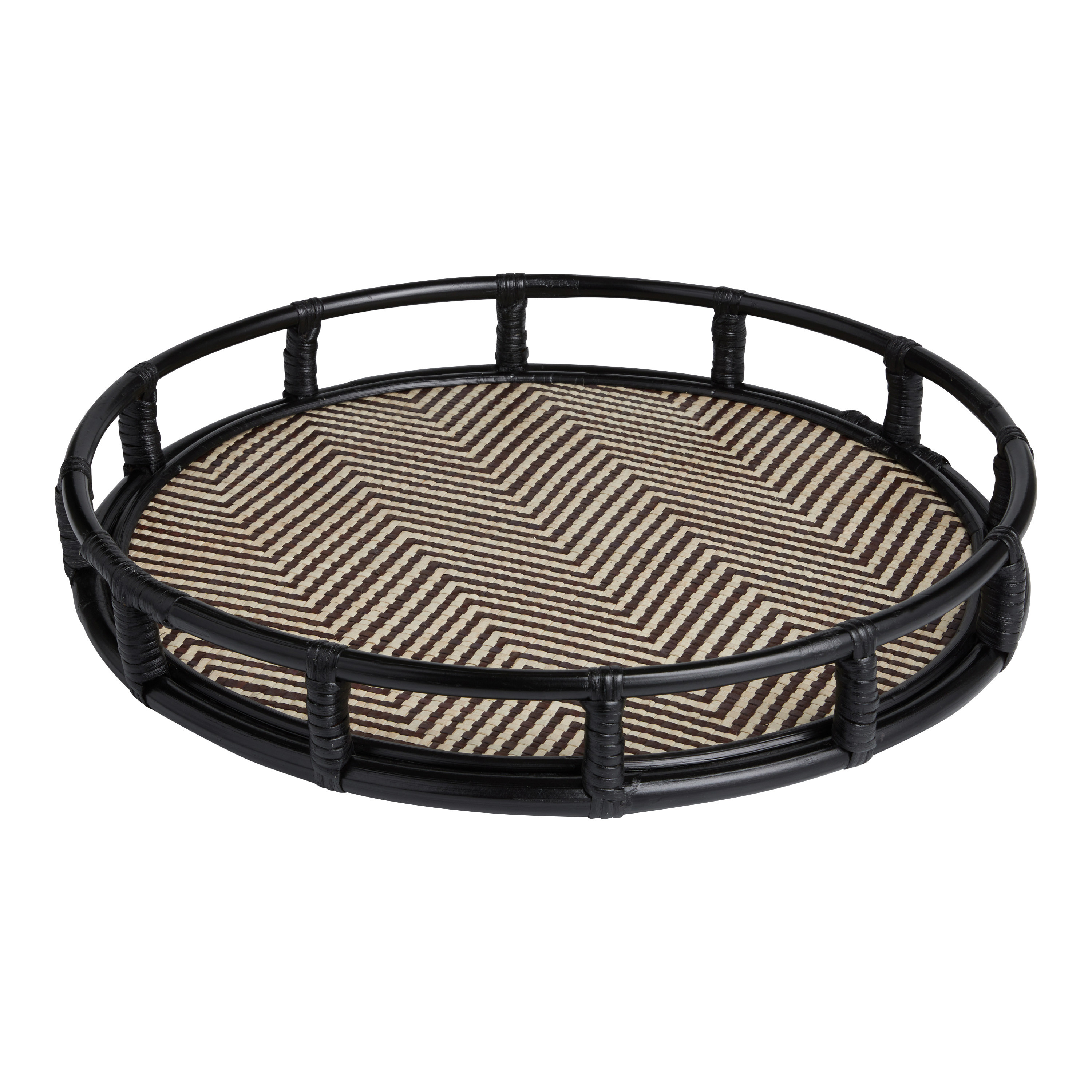 Caravan Round Black And Natural Geo Rattan Serving Tray | World Market