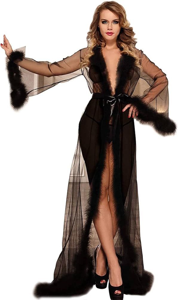 ohyeah Women Feather Bridal Robe Wedding Scarf Long Gown Lingerie Robe with Fur Nightgown Bathrob... | Amazon (US)