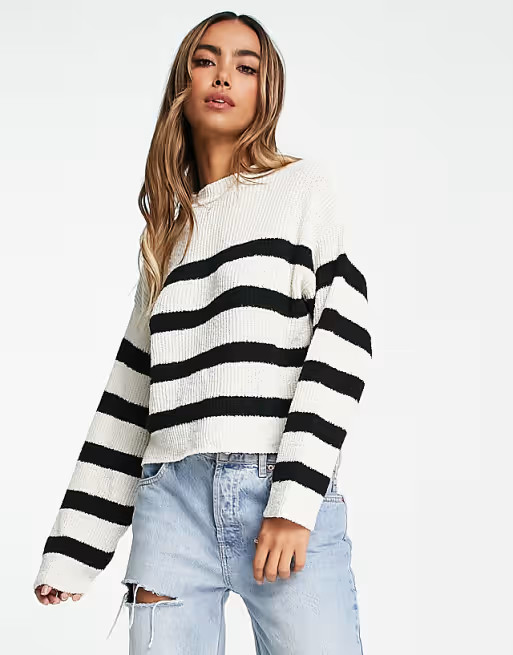 Pull&Bear oversized crew neck sweater in ecru and black contrast stripe | ASOS (Global)