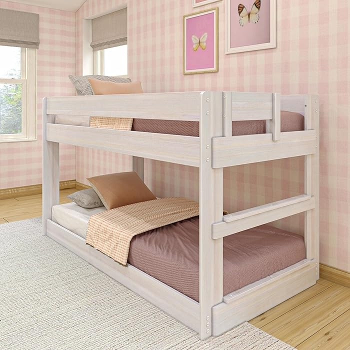 Max & Lily Modern Farmhouse Low Bunk Bed, Twin-Over-Twin Bed Frame For Kids, White Wash | Amazon (US)