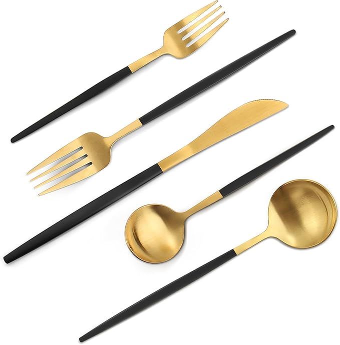 Matte Black Gold Silverware Set, 40-Piece Stainless Steel Flatware Set, Satin Finish tableware Cu... | Amazon (US)