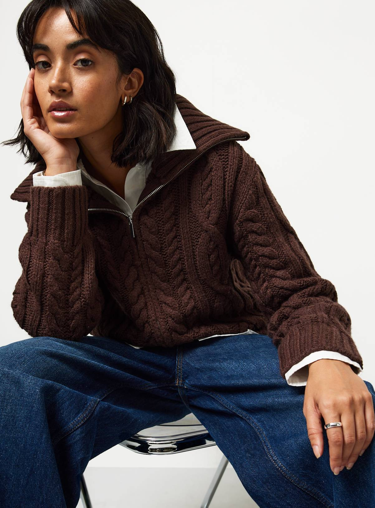 Buy Brown Chunky Cable Zip-Through Cardigan L | Cardigans | Tu | Tu Clothing